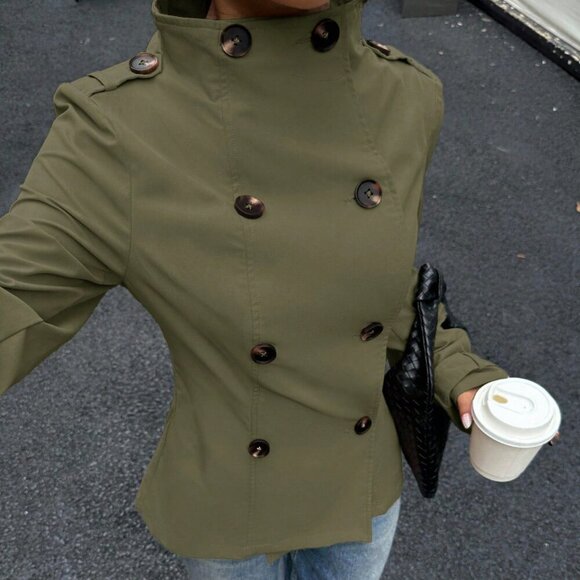 Army Green Casual Women's Long Sleeve Double-Breasted mini Trench Coat - Picture 1 of 5